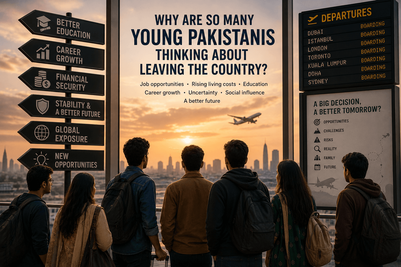 Young Pakistani students and professionals anxiously waiting for visa approval in an airport departure lounge before moving abroad